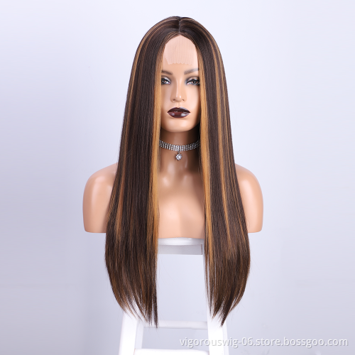 Vigorous High Quality Wig Synthetic Vendor Heat Resistant Full Fibe Wig Highlights brown Long Frontal Lace Straight hair